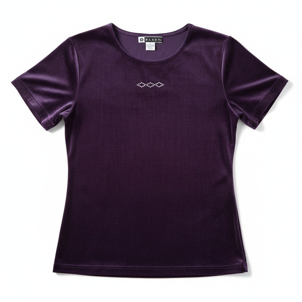 Blast Purple Velvet Short Sleeve T-Shirt, Women's Small,‎ Rhinestone Graphic